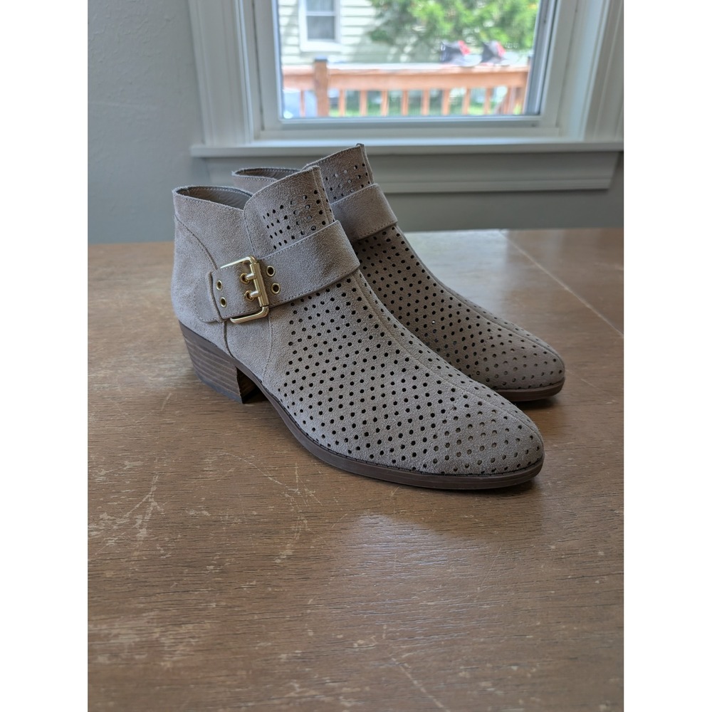 Karl Lagerfeld Paris Amica Taupe Suede Perforated Buckle Ankle Boots Size 10M
